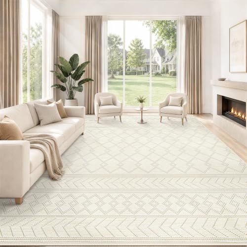 9x12 Area Rug For Living Room, Washable Beige Rugs Non Slip Low Pile - color: Beige, size: 9' x 12' (Rectangular)