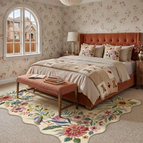 5x7 Floral Beige Scalloped Area Rug - color: Scalloped | Beige, size: 5' x 7' (Rectangular)