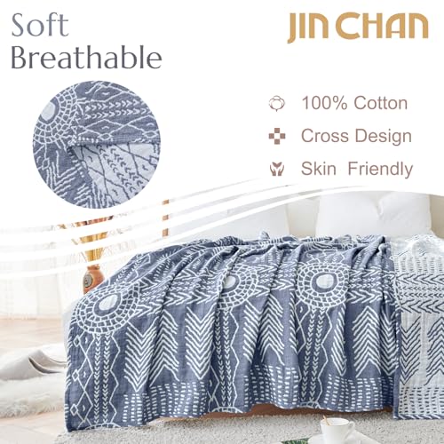 jinchan 100% Cotton Muslin Blanket Twin Boho Throw Blanket 60x80 Blue Gray - color: A. Boho Blue, size: 60"x80"