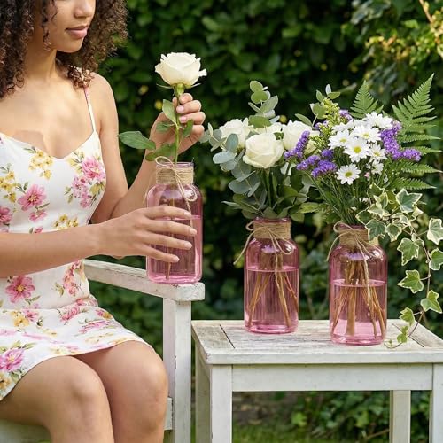 Mason Jars for Centerpiece Glass Flower Bud Vase Pink Vases, 6 Pc - color: Pink