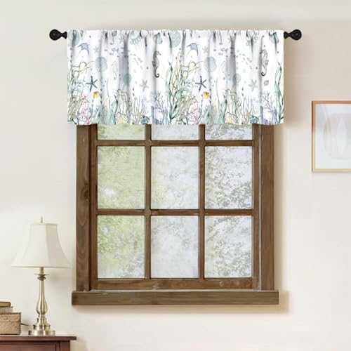 Nautical Beach Window Valance,Summer Coastal Seahorse Undersea Animal Green Blue Ocean Coral Window Treatments for Bedroom Living Room Bathroom 1 Piece,54x18 Inch - color: Coastal-1