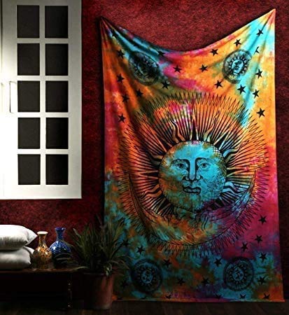 Marubhumi Psychedelic Sun Moon Stars Tie Dye Mandala Queen Tapestry Hippie Hippy Celestial Wall Hanging Indian Trippy Bohemian Tapestries (Multi, 82 X 92 Inch (208 x 233 Cms) - size: 92"L x 82"W