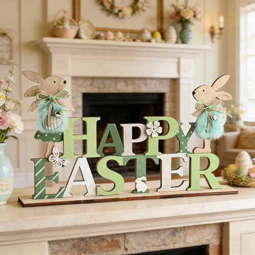 Easter Wooden Bunny Table Decorations Cute Easter Rabbit Tiered Tray Decor Rustic Bunny Table Centerpiece Sign for Spring Home, Farmhouse Tabletop Ornament(Green)