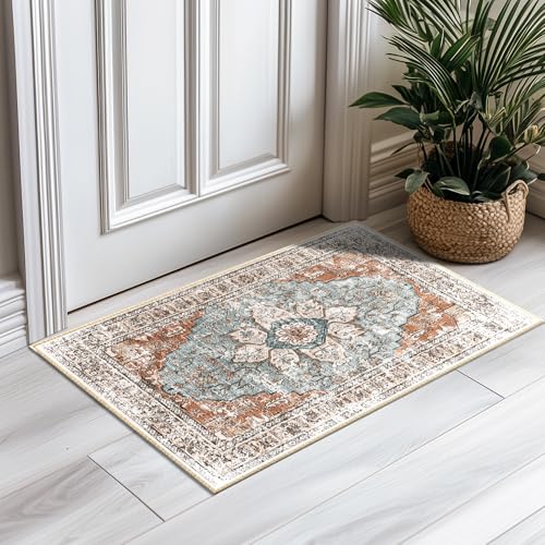 BESTSWEETIE Washable Boho 2x3 Area Rug, No Pile, Living Room, Green Brick - color: Green/Brick/Rust Red, size: 3' x 2' (Rectangular)