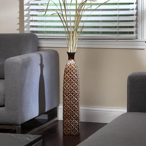 Hosley 24.5 Inch High Multi Colored Metal Embossed Floor Vase. Ideal Gift for Floral Arrangements Weddings Party Spa Reiki Meditation Settings with Dried Flowers - color: Brown 1