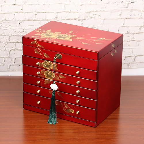 Hand Painted Rose Wood Jewelry Box 6-Layer Lockable Organizer Red