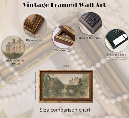 Yuantulan Vintage Castle River Landscape Wall Art Antique Gold Framed Print - color: Swan Castle