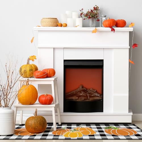 Fourluoo 3 Pcs Fall Pumpkin Kitchen Rugs and Mats Buffalo Plaid - color: Pumpkin