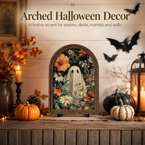 Halloween Ghost Arched Wood Tabletop Sign, Vintage Floral Wall Art - color: Color 02