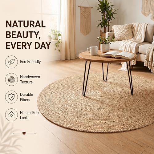 THE BEER VALLEY Jute Braided Area Rug, Natural, 4 Feet Round - color: Natural, size: 4' (Round)
