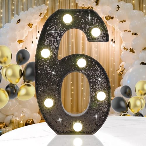 Black Glitter LED Marquee Number 6, Warm White Light Decor Sign - size: Number-6