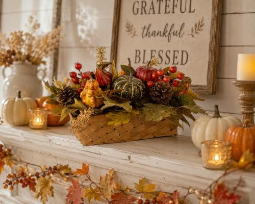 Fall Decor - Faux Pumpkins, Pine Cones, Berries and Maple Leaves in Rectangular Woven Basket for Table Centerpiece, Shelf, Mantel - Autumn Thanksgiving Arrangement for Home Indoor Outdoor - 14" Long