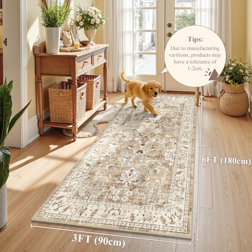 LOKHOM 3x6 Washable Hallway Runner Rug, Boho Non-Slip Kitchen Rugs, Beige - color: Beige Brown, size: 3' x 6' (Runner)