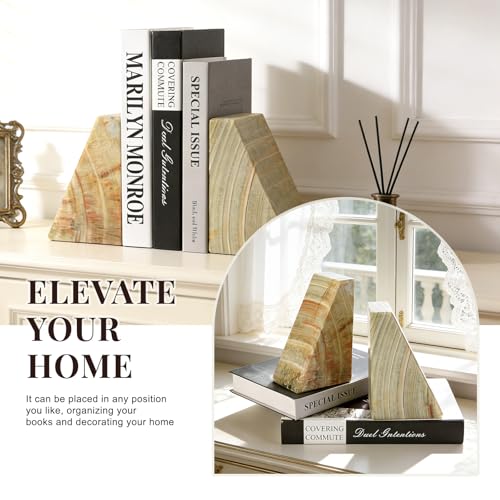 Koville Onyx Bookends, Marble Bookends for Shelves, Natural Stone Book Ends for Heavy Books, Decorative Bookends for Bookshelf Table Home Decor, Heavy Duty bookend for Large Books(Green) - color: Green Onyx