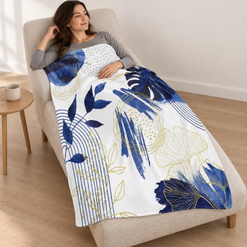 Blue Leaf Throw Blanket, Navy Blue and Gold, 50x60 in - color: Blue, size: 50"Wx60"L