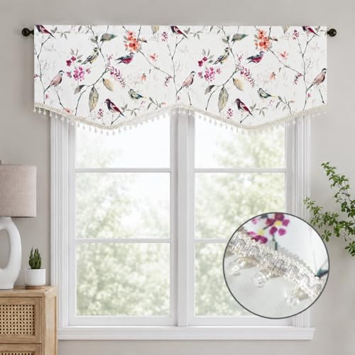 VOGOL Purple Bird Print Scalloped Valance, Linen Texture, 52 x 16, 1 Panel - color: Birds Purple, size: 52"W x 16"L (Pack of 1)