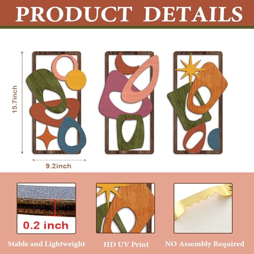 Pigort 3 Pcs Wooden Abstract Wall Art Mid Century Modern Wall Art Modern Elegance Wall Decor Geometric Home Decoration for Living Room Office 9.2x15.7inch