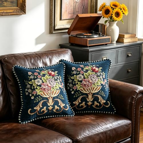 Set of 2 Blue Vintage Embroidered Throw Pillows Covers 18x18in - color: Blue