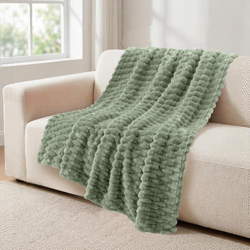 Vessia Flannel Fleece Throw Blanket, 3D Jacquard Sage Green Fuzzy and Warm Blanket for Couch, Sofa, Bed, 300GSM Super Soft Touch Cozy Home Decor for All Seasons (50x70 inches) - color: Sage Green, size: 50×70inch