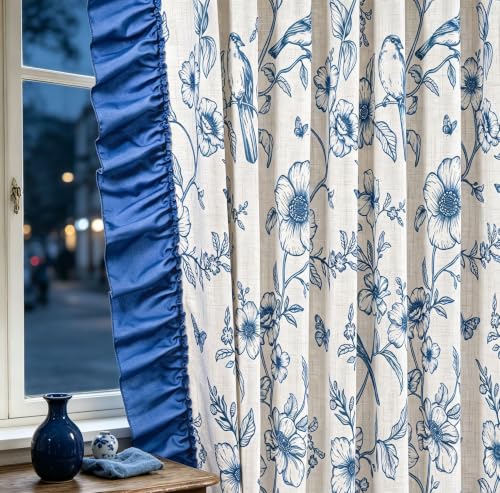 Yinhua Blue Floral Curtains for Living Room 63 Inch French Country Linen Bedroom Curtains with Ruffle Tieback, Light Filtering Flower Patterned Window Curtain Rod Pocket Back Tab Drapes, 2 Panels - color: Blue, size: 52"W x 63"L (Pack of 2)