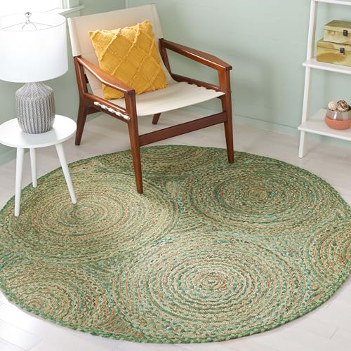 SAFAVIEH Cape Cod Collection Area Rug - 4' Round, Green & Natural, Handmade Boho Braided Circles Jute & Cotton, Ideal for the Living Room, Bedroom, Dining Room (CAP203Y-4R) - color: Green/Natural, size: 4' (Round)