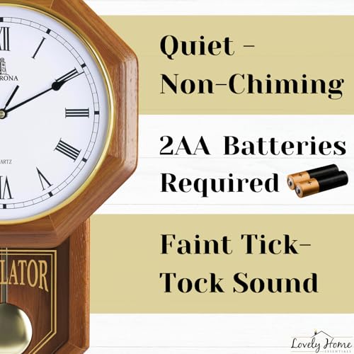 Pendulum Wall Clock Battery Operated, Real Wood Regulator Clock, Quiet - color: Light Wood