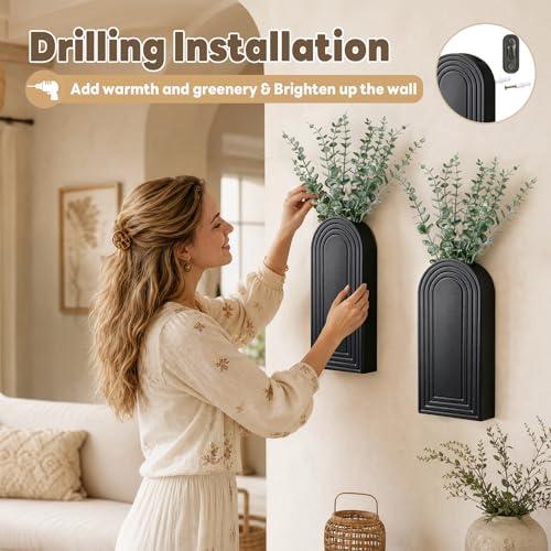 Wooden Wall Vase with 20 Eucalyptus, 2 Mount Options, Black, 2 Pcs - color: Black