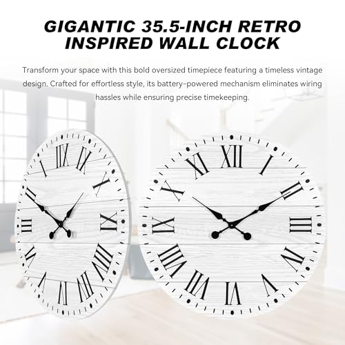Large Wall Clock with Roman Numeral, 35.5” Shiplap Farmhouse Hanging Clock - color: White, size: 35.5 Inch