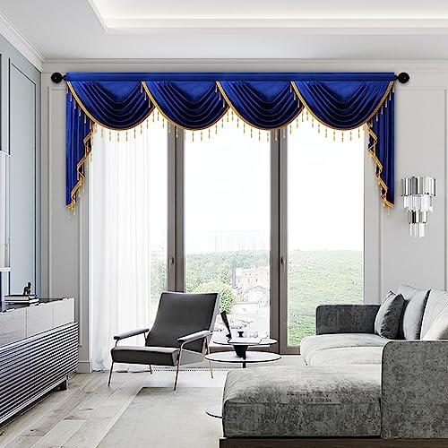 ELKCA Luxury Royal Blue Velvet Curtain Valances for Living Room with Beads(118inch,1 Panel) - color: Royal Blue, size: 118"W x 43"L (Pack of 1)