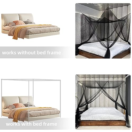 Black Mosquito Net Bed Canopy Curtains with 66ft LED Star String Lights - color: Black+lights