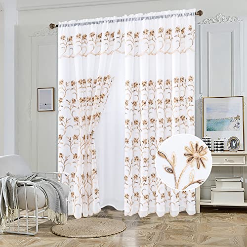 OPT Brand. 2 Layers One Panel Voile Sheer Embroidered Rod Pocket Window Curtain Panel and Valance 81063 (Brown) - color: Brown