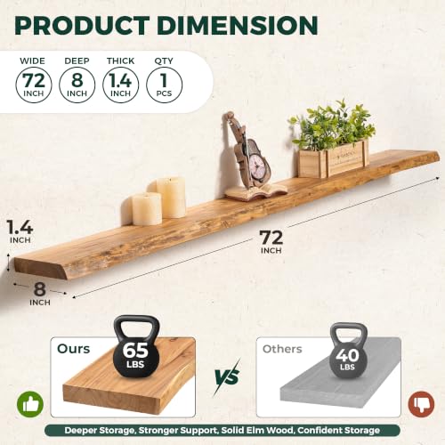 72in Live Edge Solid Elm Floating Shelves, Natural, Set of 1 - color: Natural Color, size: Live Edge 72 inch, 1Pack