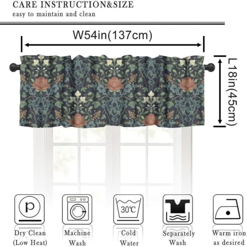 Victorian Floral Valance Curtain, William Morris Vintage Floral Damask Gothic Dark Botanical Plants Print Blackout Small Window Curtain for Bedroom Kitchen Living Room, 54x18inch - color: Morris-7