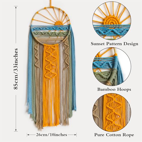 LB Boho Sunset Macrame Wall Hanging Orange and Green Small Dream Catcher Hand Woven Cotton Tapestry Modern Aesthetic Wall Art for Home, Bedroom, Living Room - color: Blue