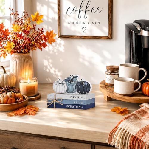 Smile Fall Wooden Decor Signs Blue Tone Pumpkins PUMPKIN SPICE EVERYTHING Tiered Tray Tabletop Signs for Autumn Harvest Thanksgiving Home Decor - style: Blue Pumpkin