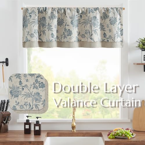 jinchan Floral Valance Curtain Linen 16 Inch Farmhouse 1 Panel Blue - color: Jacobean | Blue, size: 50"W x 16"L (Pack of 1)