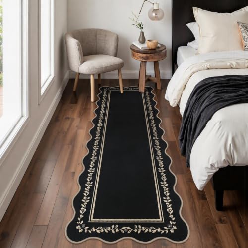 Rugalia Scalloped Easy Jute Kitchen Runner Rug 2x6 Black Hallway Rugs - color: Black Floral, size: 2' x 6' (Runner)
