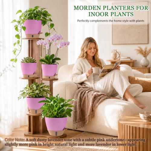 Self Watering Pots for Inoor Ourdoor Plants 10/9/8/7/6.5 Inch, 5 Pack - color: Pink, size: 10/9/8/7/6.5 Inch