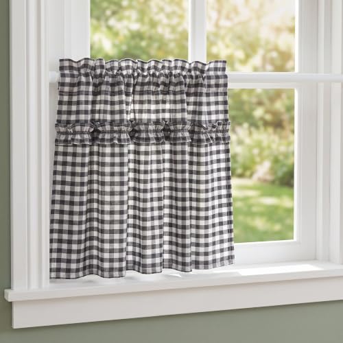 Silnuo 2Pack Black/White Plaid Gingham Ruffle Window Valance 26" W x 36" L - color: Black/White, size: 26"W x 36"L (Pack of 2)