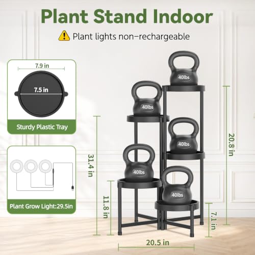 LASZOLA 5 Tiered Plant Stand Indoor with Grow Lights, Corner Folding Tall Flower Display Rack with Plastic Tray, Modern Plant Holder Shelf for Outdoor Patio Porch Garden Office Living Room, Black - color: Natural Black with Light, size: 5 Tier