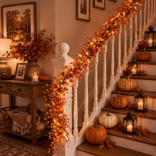 Wavwavw 5 ft Fall Garland with Lights Artificial Pumpkin and Berry Garland - color: Orange, style: Autumn