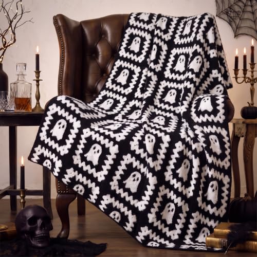 Halloween Ghost Granny Square Blanket Reversible Boo Knit Throw Blankets - color: Black and White, style: Halloween Ghosts
