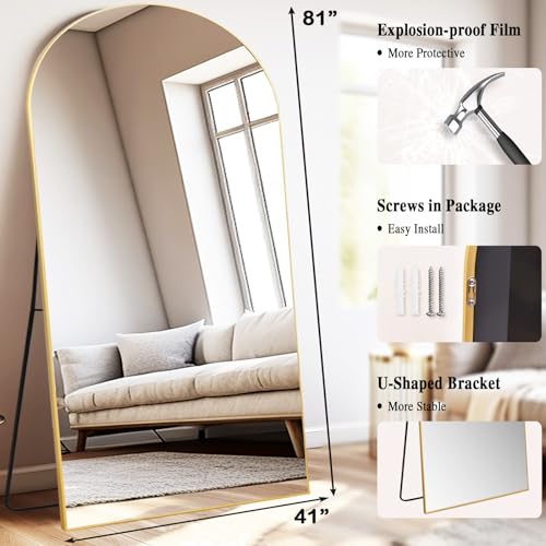 Anpark Gold Arched Huge Oversized Mirror Full Length with Stand 41" x 81" Large Full Body Standing Floor Mirror for Bedroom Wall Mounted Mirror for Living Room Home Decor - color: Arched Gold, size: 81"L x 41"W