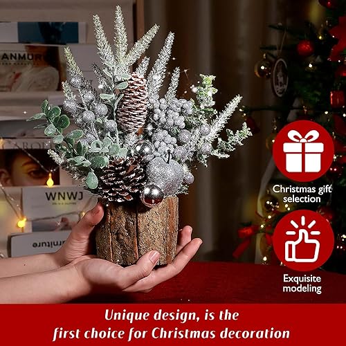 Small Christmas Tree Tabletop Artificial Mini Christmas Tree Decorations with Holiday Ornaments Red Berry Pine Cone Greenery for Home Indoor Fireplace Mantel Xmas Decor (Tree Stump-Silver) - color: Tree Stump-silver