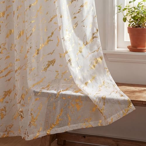 Horaldaily 2Pcs White Tier Curtains for Window 52x36in, Gold Sequin Marble - color: White and Gold, size: 52"W x 36"L (Pack of 2)