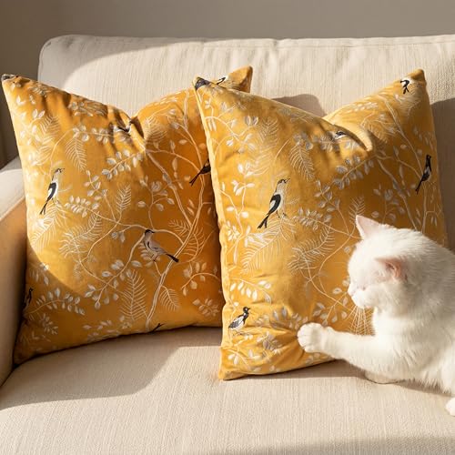 Decorative Velvet Pillow Covers 18x18 Set of 2, Bird Leaf Print Covers - color: Ochre