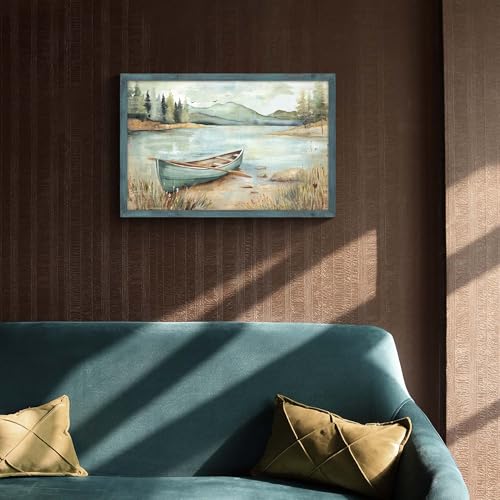 HILL WEST Country Lake Boat Landscape Framed Wall Art, 24x16inch - color: Boat, size: 24"L x 16"W