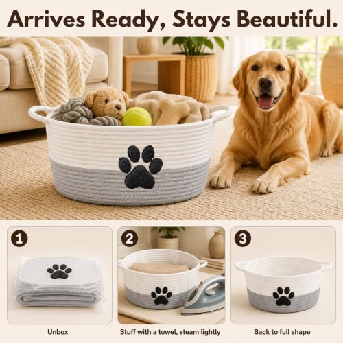 Dog Toy Basket with Handles, Grey Cotton Rope Storage Bin Organizer - color: Grey/White