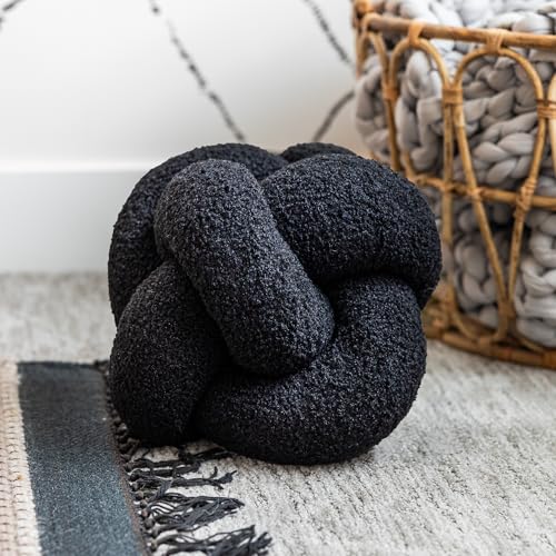 SAMIAH LUXE 12 in Boucle Knot Pillow Ball, Charcoal Black Teddy Sherpa - color: Charcoal