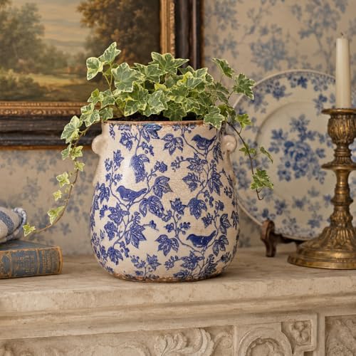 English Country Ceramic Planter, 6.7" Chinoiserie Vase & Utensil Holder - color: Blue